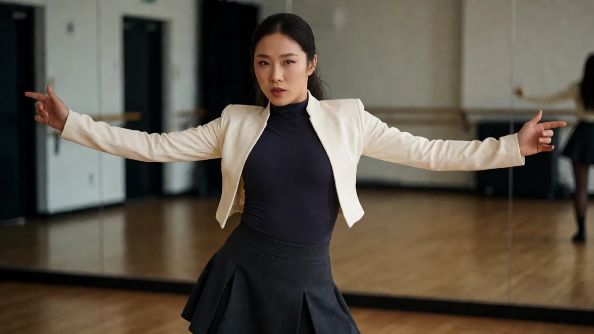 美女热舞全集排练图,成年舞者穿短外套和深色短裙在镜墙前展开双臂