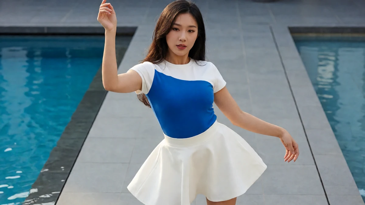 美女热舞全集池畔图,成年舞者穿蓝白上衣与白短裙在水边抬臂转身