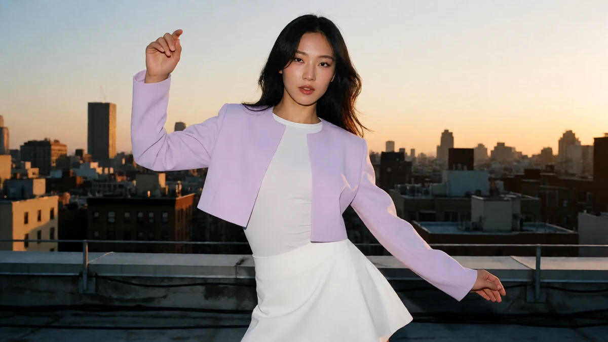 美女热舞全集屋顶图,成年舞者穿淡紫外套与白短裙在黄昏城市天台滑步