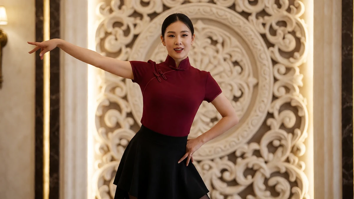 美女热舞全集中式造型图,成年舞者穿酒红旗袍式上衣与黑短裙在雕花背景前展臂